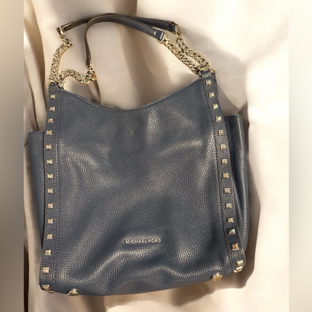 Michael Kors Navy, Studded Pebble Leather Chain Bag